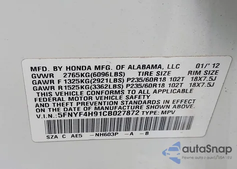 2012 Honda Pilot Touring z USA, uszkodzony, nr VIN 5FNYF4H91CB027872